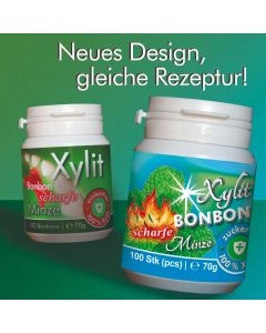 Xylit Birkenzucker Bonbon Scharfe Minze - 100% zuckerfrei, 100 Bonbons, 70g Inhalt